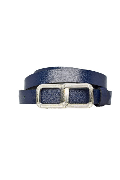 GoDeri Navy Blue Thin Belt for Women - 100% Genuine Leather, Silver Buckle, for Dress and Pants
