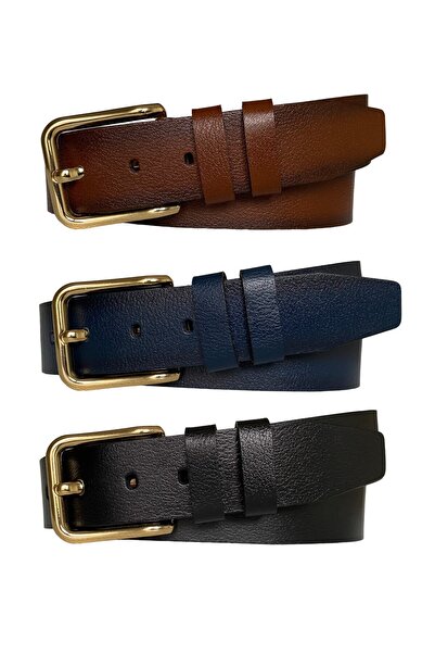 GoDeri Комплект от 3 части, 100% естествена кожа, 4 см, дамски колан за дънки, черен, тъмносин, червено-кафяв = правоъгълник