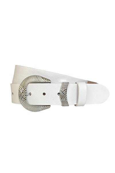 GoDeri حزام جينز نسائي أبيض 100% من الجلد الطبيعي، إبزيم فضي، جسر معدني 4 سم=an-byn-63