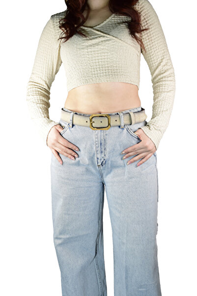 GoDeri 100% piele naturală, cataramă aurie 4 cm piele întoarsă crem centură damă ; Blugi, centură sport=an-byn-08