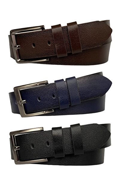 GoDeri 100% جلد طبيعي ممتاز، طقم مكون من 3 حزام رياضي من الجينز باللون الأسود والبني والأزرق الداكن، 4.5 سم = 3 قطع مسطحة