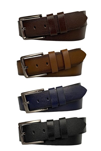 GoDeri 100% جلد طبيعي ممتاز، طقم مكون من 4 قطع أسود، بني، أزرق داكن، حزام جينز أسمر، 4.5 سم = 4 عادي