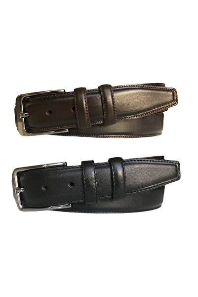 GoDeri Σετ 2 τεμαχίων από γνήσιο δέρμα ποιότητας, ραμμένη κλασική υφασμάτινη ζώνη παντελονιού. Μαύρο, Καφέ 3,5 cm=2li.kl