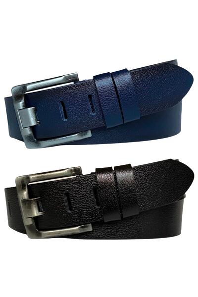 GoDeri Комплект колан с широк език от 2 части, 100% естествена кожа, черен, тъмносин, деним 4,5 см, спортен = 2 части широк