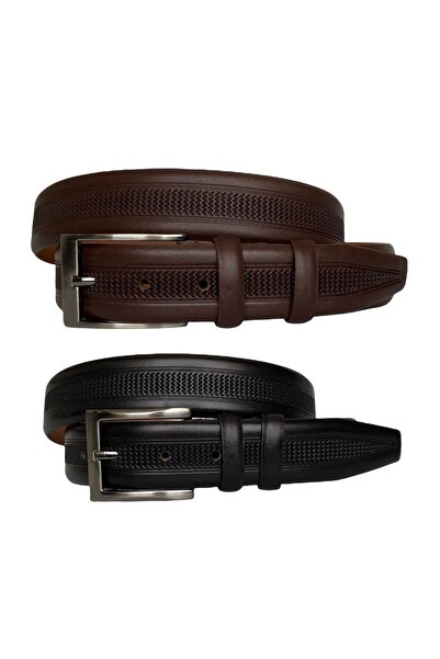 GoDeri طقم حزام مكون من قطعتين من الجلد الطبيعي باللونين الأسود والبني - حزام بنطلون من القماش مقاس 3.5 سم