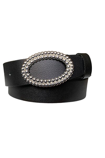 GoDeri حزام جينز نسائي أسود من الجلد الطبيعي 100% بإبزيم بيضاوي فضي 4 سم = بي...