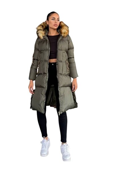 rengamoda Palton lung din material importat pentru femei, cu detaliu din blană, cu cu glugă buzunare cu închidere metalică