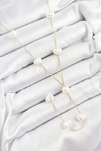 blackpure Y Model Gold Color Women's Necklace with Brass Pearl Heart Figure