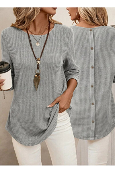 calperia Women's Long Sleeve Round Neck Back Button Waffle Blouse