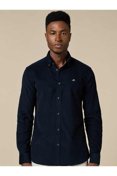 Mannerism The Midnight Texture – Dark Blue Corduroy Shirt with Deep Ribbed Fe...