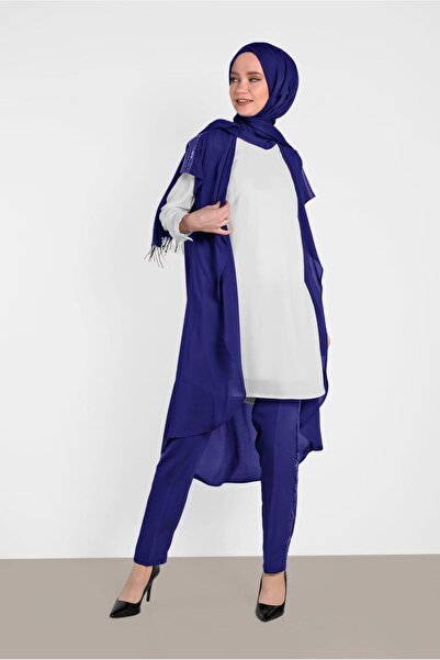 TRENDTESETTÜR KADIN LACİVERT (SAKS) ДВОЯРОВИЙ ТУНІК З ДЕТАЛЯМИ НА ПЛЕЧАХ 4475