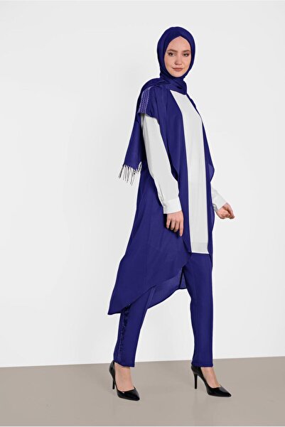 TRENDTESETTÜR KADIN LACİVERT (SAKS) ДВОЯРОВИЙ ТУНІК З ДЕТАЛЯМИ НА ПЛЕЧАХ 4475