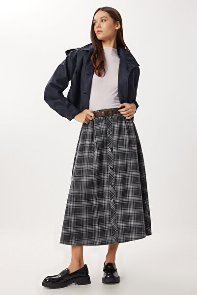 Lovelyİstanbul Fusta midi cu curea în carouri din poliviskon LRG0047