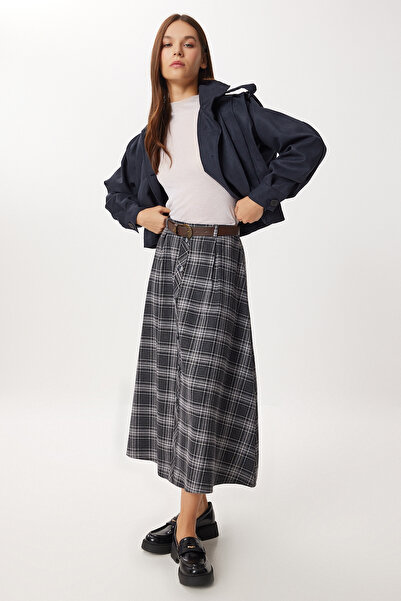 Lovelyİstanbul Fusta midi cu curea în carouri din poliviskon LRG0047