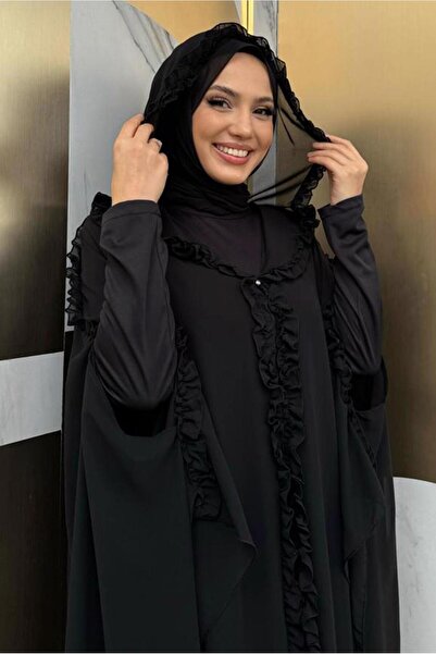 TRENDTESETTÜR KADIN SİYAH PELERİNLİ ŞİFON ELBİSE T 8773
