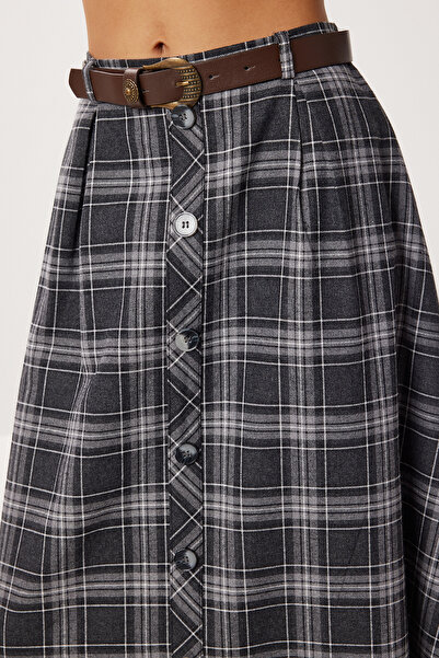 Lovelyİstanbul Fusta midi cu curea în carouri din poliviskon LRG0047