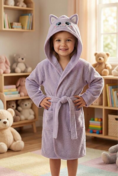 VELROBE Kapşonlu Kız-erkek Çocuk Bornozu Pamuklu Kedi Lila