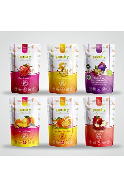 Foodry Freeze Dried Tanışma Paketi Kurutulmuş Organik Mürdüm Eriği- Elma - Çilek - Mandalina - Muz - Mango