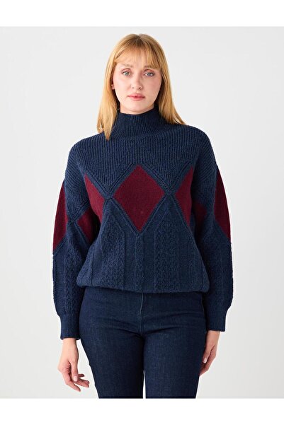 Jimmy Key Pulover tricotat cu mânecă lungă, cu gât roșu, albastru bleumarin