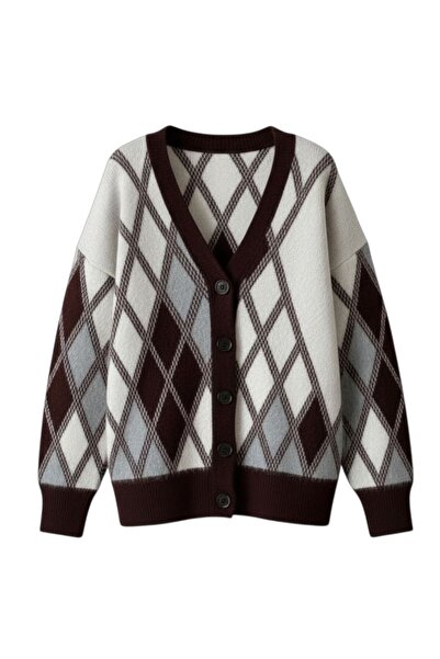 Retrobird Baklava Pattern Fleece-Lined Cardigan Women's Brown-Beige