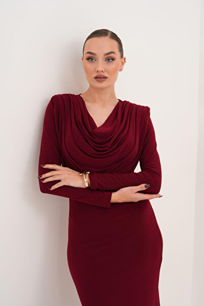 MILANOFOX Drapeli Degaje Yaka Uzun Kollu Midi Elbise | Abiye, Kokteyl, Mezuniyet, Davet