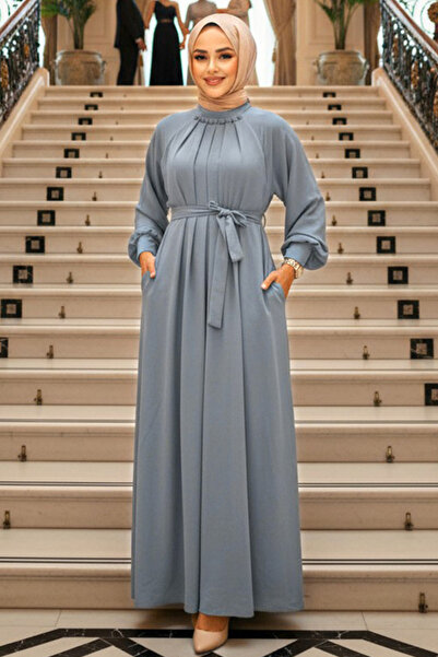 Neva Style Anthracite Belted Hijab Dress - 330113 ANT