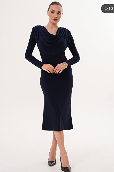 MILANOFOX Drapeli Degaje Yaka Uzun Kollu Midi Elbise | Abiye, Kokteyl, Mezuniyet, Davet