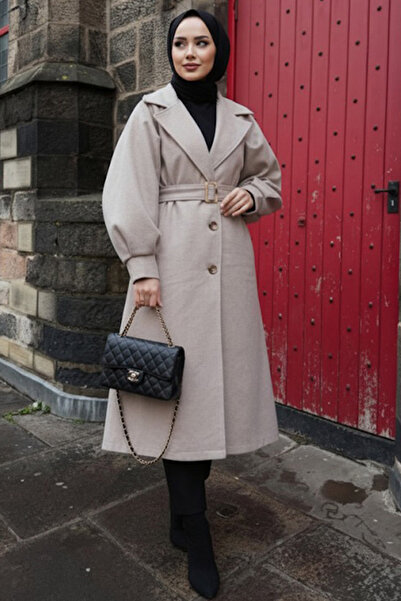 Neva Style Μπεζ Κασμίρ Μουσουλμανικό Παλτό - Με Ζώνη, Μοντέλο 61241ΜΠΕΖ