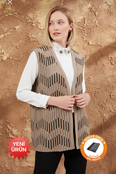 Uludağ Triko Zigzag Patterned Lace-Like Knit Knitwear Vest Sand + Shawl Gift