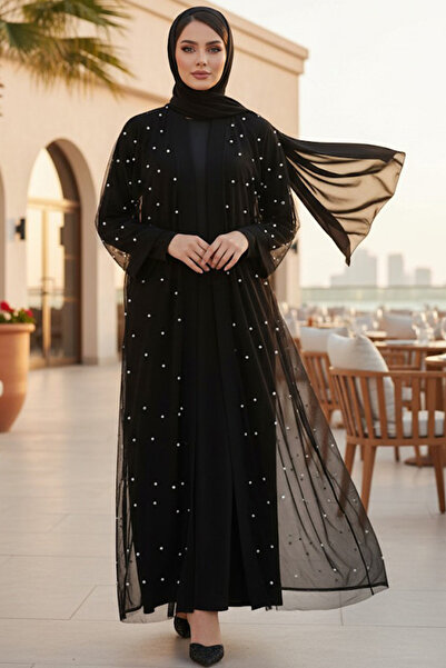 Neva Style Σετ Μπλε Ναυτικό Μπλε Κεντημένο με Πέρλες Κοστούμι Abaya 42781S