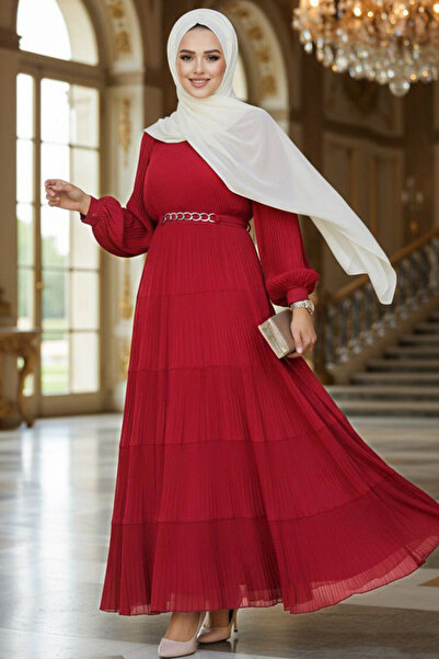 Neva Style Claret Red Hijab Πλισέ Φόρεμα - 44761BR