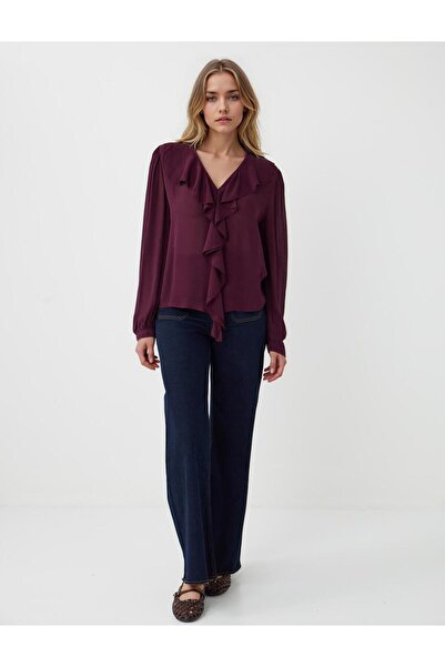 Jimmy Key Μπλούζα με μακρύ μανίκι σε μπορντό χρώμα, με λεπτομέρεια από υφαντό βολάν με λαιμόκοψη σε σχήμα V