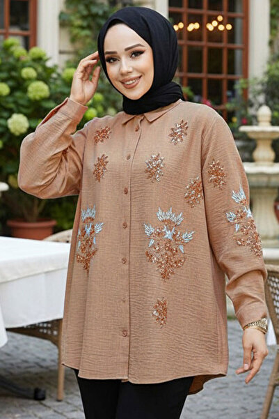 Neva Style Πουκάμισο Hijab Camel με χάντρες 45270C