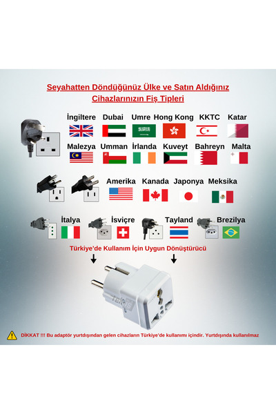 Tek-İş Seyahat Adaptörü Türk Erkek Fişli Üniversal Ingiliz Amerikan Fişi Prizi Çevirici Priz Dönüştürücü