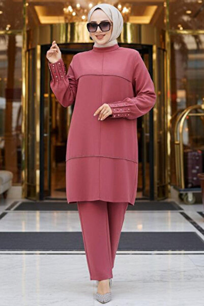 Neva Style Pearl Embroidered Dusty Rose Hijab Double Suit 65883Gk