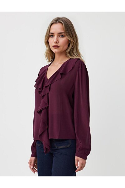 Jimmy Key Μπλούζα με μακρύ μανίκι σε μπορντό χρώμα, με λεπτομέρεια από υφαντό βολάν με λαιμόκοψη σε σχήμα V