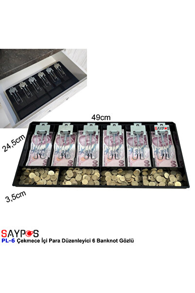 SAYPOS Metal Mandallı Rampalı Çekmece İçi Para Düzenleyici 6 Banknot 4 Bozuk Para Gözlü 49x24,5x3,5cm