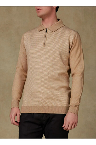 Abbate Claro Knitted Fabric Cotton Blend Modern Fit Beige Polo Neck Men's Patterned Knitwear