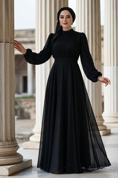 N.S NEVA STYLE Μαύρο Μουσουλμανικό Βραδινό Φόρεμα με Λεπτομέρεια Κουρτίνας 51...
