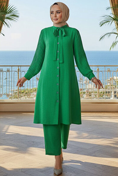 Neva Style Πλισέ μανίκια Πράσινο Hijab Διπλό Σετ 51991Y
