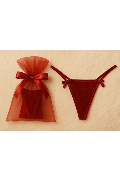 NSMLİFE New Year & Christmas Gift Women's Velvet Bow Detailed Thong & String Model