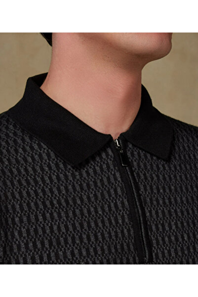 Abbate Claro Knitted Fabric Cotton Blend Modern Fit Black Polo Neck Men's Patterned Knitwear