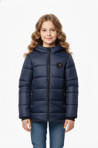 QAWWA Kız Çocuk Lacivert Su ve Rüzgar Geçirmez İçi Kürklü Kuş Elyaf Dolumlu S...