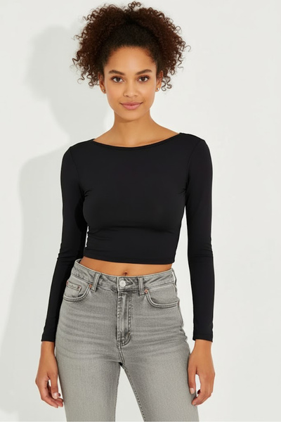 Sienza Bluză crop neagră cu mâneci lungi, fără spate, pentru femei