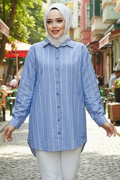 Neva Style Striped Blue Hijab Shirt 52294m