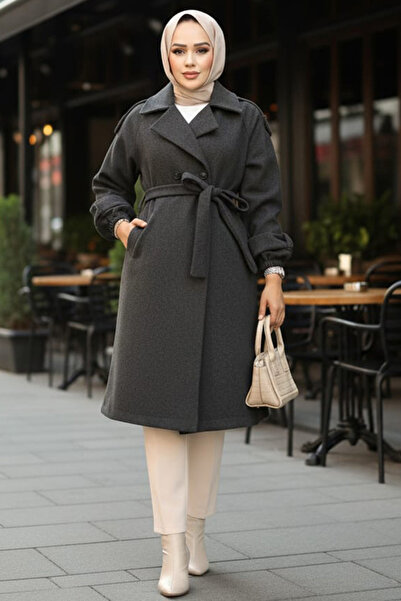 N.S NEVA STYLE Belted Smoked Cashmere Hijab Coat 61102Fu