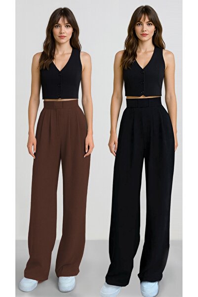 ALİNDA بنطلون نسائي بحزام فيلكرو عالي الخصر وواسع الساق بنطلون واسع الأرجل عبوة من قطعتين