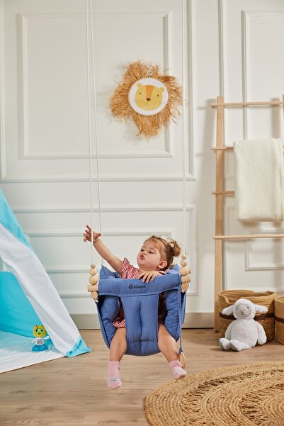 Svava Konfor Ahşap Bebek Salıncak, Tavana Asılan Çocuk Salıncağı (MAVİ)