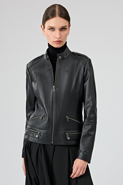 Derimod Nora Women's Black Judge Collar Short Leather Jacket 25Wge56011M