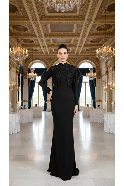 Nidya Moda Kadın Siyah Büyük Beden Tesettür Balık Uzun Abiye Elbise-4154ts